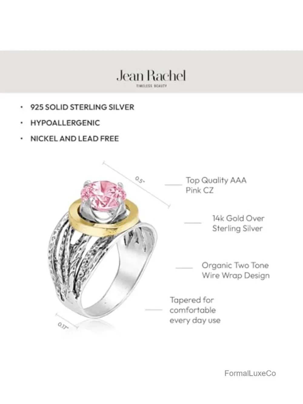 925 Sterling Silver Two Tone Wire Wrap Ring with Pink CZ